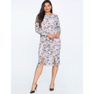 Eloquii Ruched Bodycon Floral Print Long Sleeve Stretch Midi Slit Dress Blush Pi